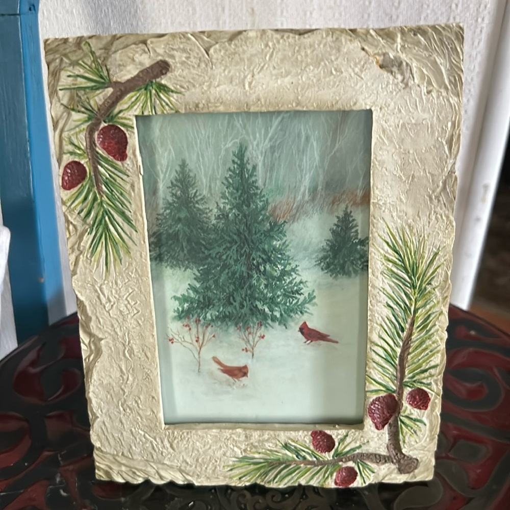 Vintage Framed Wintery Trees & Cardinals Scene